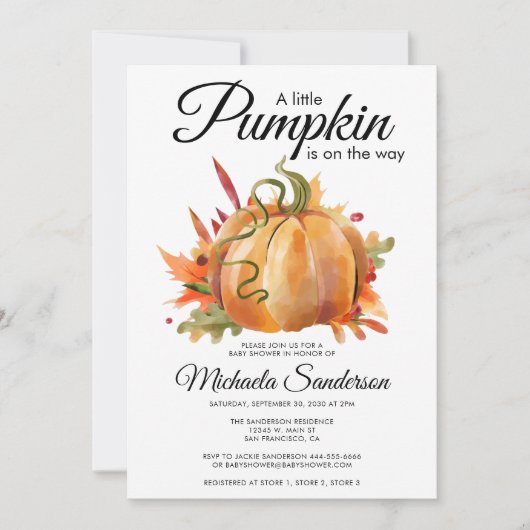 小さな素朴かぼちゃの秋ベビーシャワー 招待状 (正面)