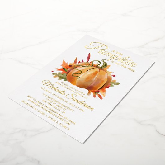 小さな素朴かぼちゃの秋ベビーシャワー 箔招待状 (回転した状態)