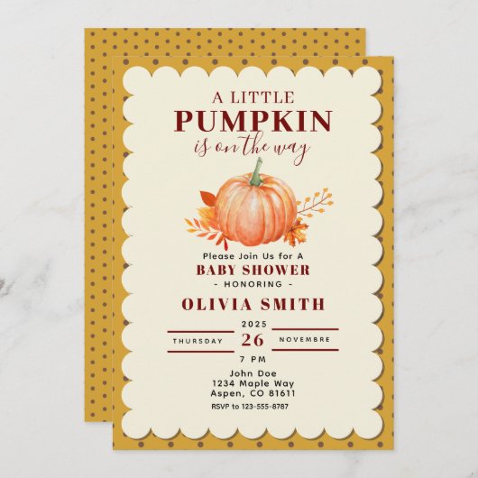 小さな素朴かぼちゃの秋赤ちゃんシャワードット 招待状 (正面/裏面)