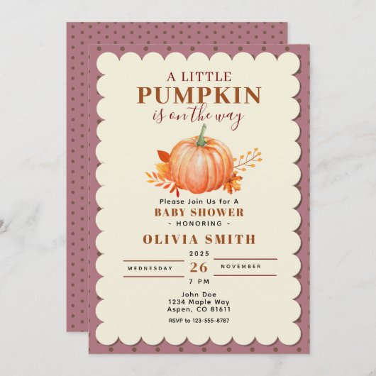 小さな素朴かぼちゃの秋赤ちゃんシャワーパープル 招待状 (正面/裏面)
