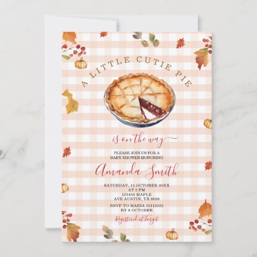 小さな素朴かわいこちゃんパイ秋ギンガムベビーシャワー 招待状 (正面)