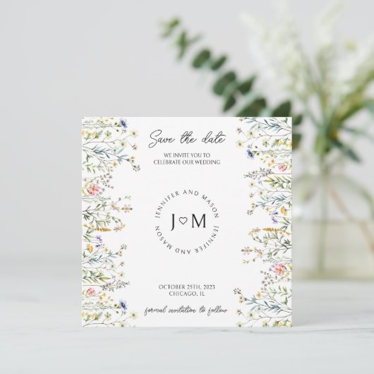 小さな素朴な花の山花日付写真を保存 招待状 (スタンド正面)