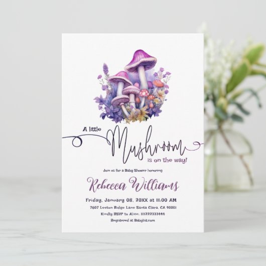 小さな素朴キノコ紫の森の赤ちゃんシャワー 招待状 (スタンド正面)