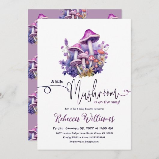 小さな素朴キノコ紫の森の赤ちゃんシャワー 招待状 (正面/裏面)