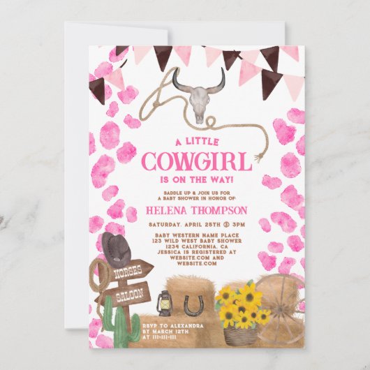 小さな素朴女性のカーボーイ西部の牛の赤ちゃんシャワー 招待状 (正面)