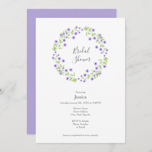 小さな紫の花の水彩画の花輪 招待状 (正面/裏面)