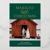 小さな結婚したクリスマスグリーン金ゴールドスクリプトの写真 箔シーズンカード (正面)