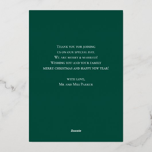 小さな結婚したクリスマスグリーン金ゴールドスクリプトの写真 箔シーズンカード (裏面)