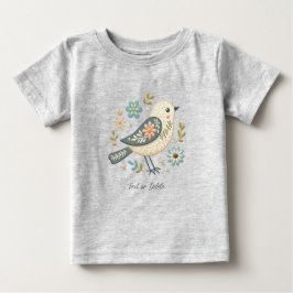 小さな緑の鳥の花柄ベビーTシャツ ベビーTシャツ
