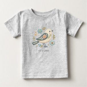 小さな緑の鳥の花柄ベビーTシャツ ベビーTシャツ