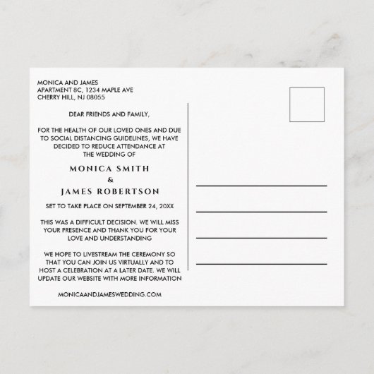 小さな縮小結婚式 フォト シンプル モダン 案内ポストカード (裏面)