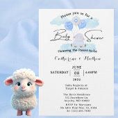 小さな羊が少年青の風船の上で高く飛んでいる 招待状