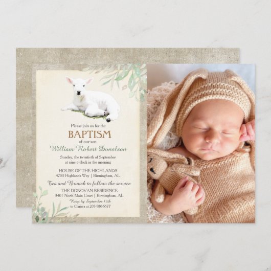 小さな羊の洗礼写真招待状 招待状 (正面/裏面)