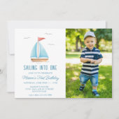 小さな船で1歳の誕生日写真を航行する 招待状 (正面)