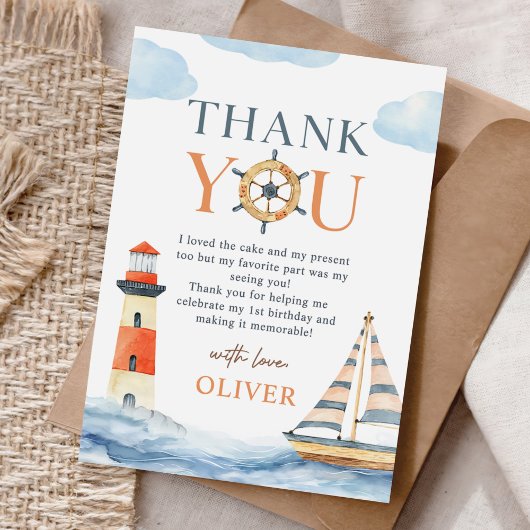 小さな船乗り ネイビーブルー パステル 1歳の誕生日 サンキューカード