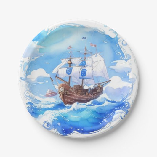 小さな船員の到着:男の子の航海の赤ちゃんシャワー ペーパープレート (正面)