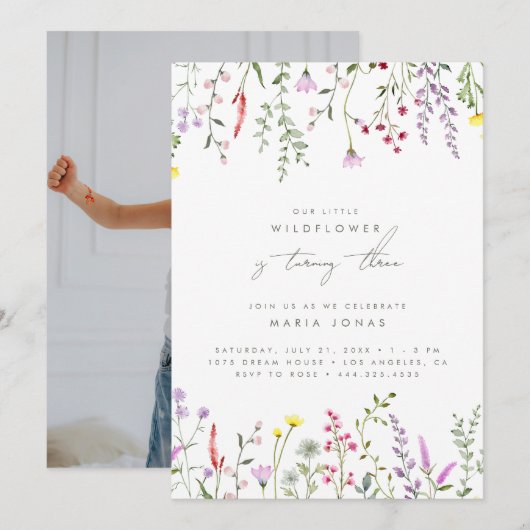 小さな花の乙女のフラワーバースデーパーティー 招待状 (正面/裏面)