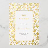 小さな花の結婚式の日付を保存 箔招待状 (正面)