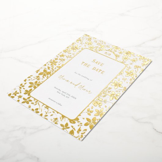 小さな花の結婚式の日付を保存 箔招待状 (回転した状態)