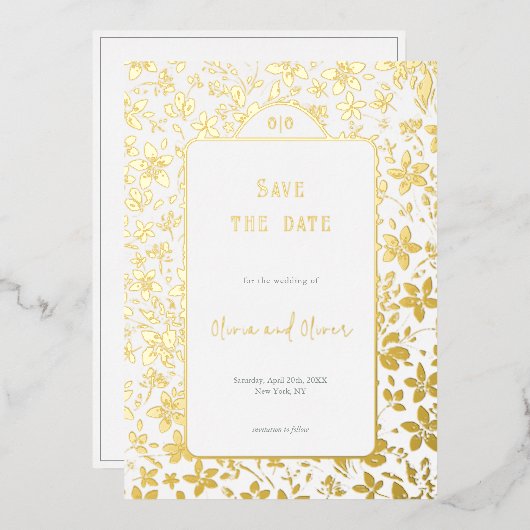 小さな花の結婚式の日付を保存 箔招待状 (正面/裏面)