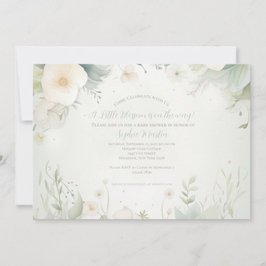 小さな花図解入りの、写真付きのの赤ちゃんシャワー 招待状 (正面)