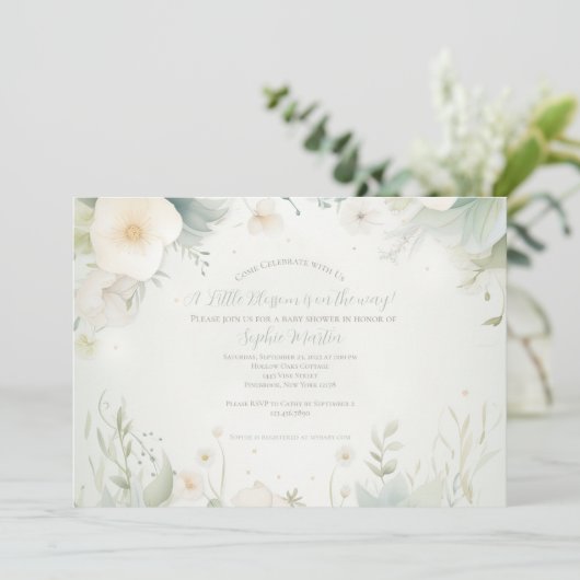 小さな花図解入りの、写真付きのの赤ちゃんシャワー 招待状 (スタンド正面)