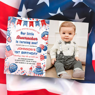 小さな花火 4th Of July 1歳の誕生日写真 招待状