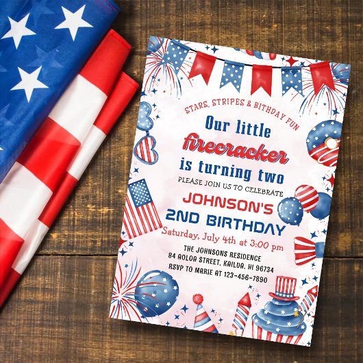 小さな花火 4th Of July 2歳の誕生日パーティー 招待状