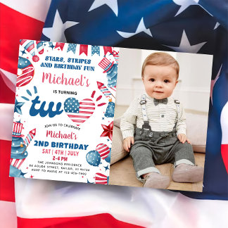 小さな花火 4th Of July 2歳の誕生日写真 招待状