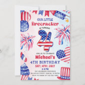 小さな花火 4th Of July 4歳の誕生日パーティー 招待状 (正面)