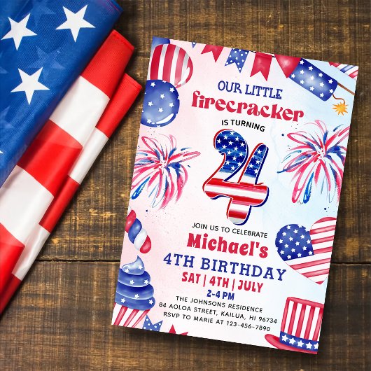 小さな花火 4th Of July 4歳の誕生日パーティー 招待状