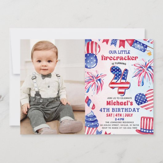 小さな花火 4th Of July 4歳の誕生日写真 招待状 (正面)