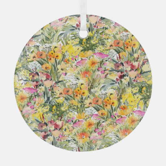 小さな花畑：明るい水色。 ガラスオーナメント (正面)