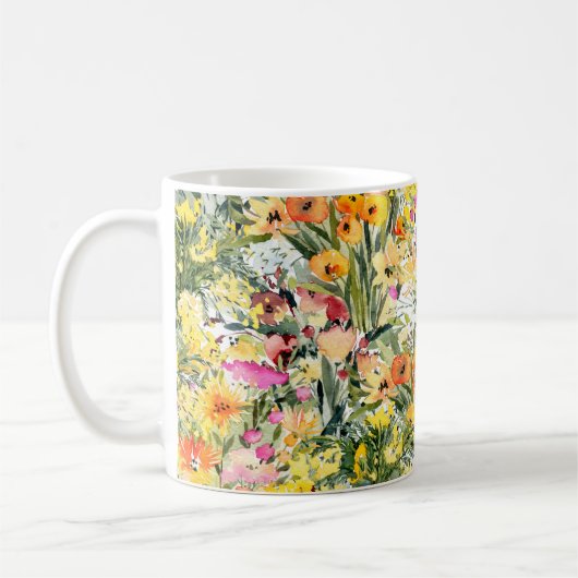 小さな花畑：明るい水色。 コーヒーマグカップ (左)