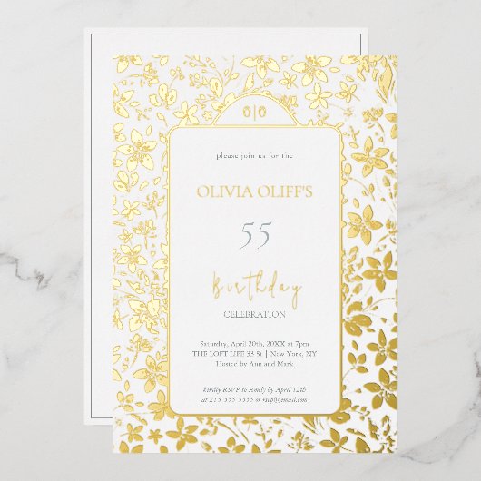 小さな花誕生日任意の年齢 箔招待状 (正面/裏面)