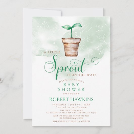 小さな芽が庭の赤ちゃんシャワーの途中にある 招待状 (正面)