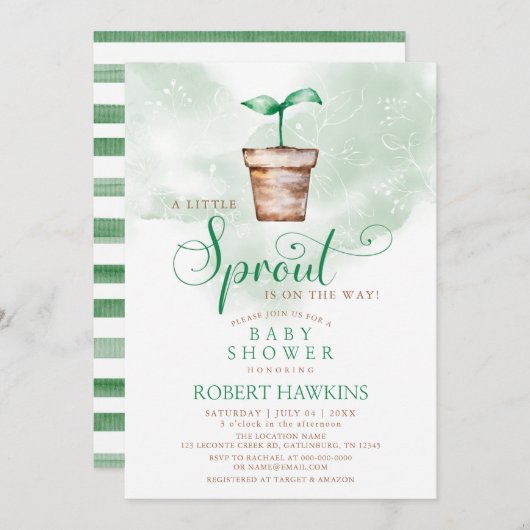 小さな芽が庭の赤ちゃんシャワーの途中にある 招待状 (正面/裏面)