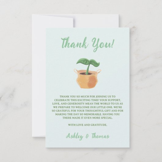 小さな芽の出た庭の植物の中性の赤ちゃんシャワー サンキューカード (正面)
