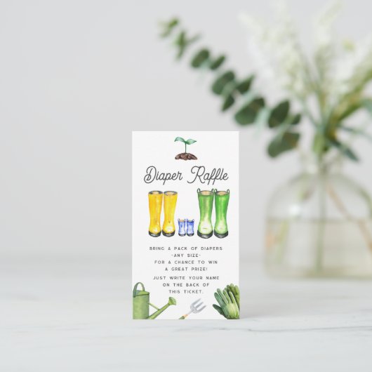 小さな芽の青いガーデニングブーツおむつラッフル エンクロージャーカード (スタンド正面)