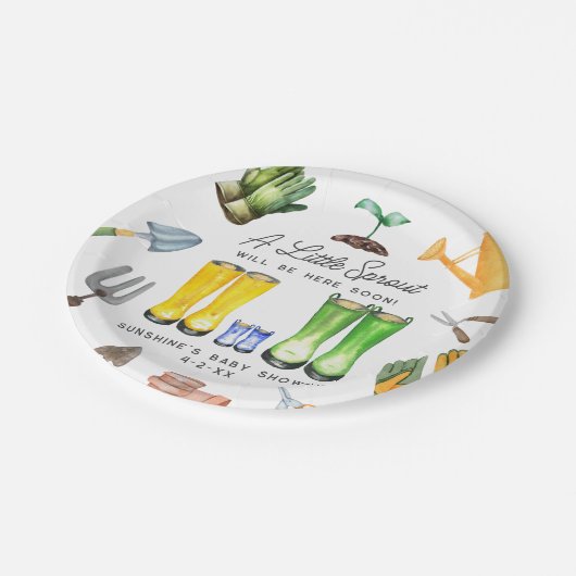 小さな芽の青いレインブーツガーデン赤ちゃんシャワー ペーパープレート (アングル)