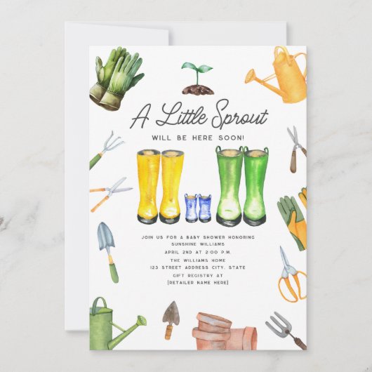 小さな芽の青い雨靴ガーデニング 招待状 (正面)