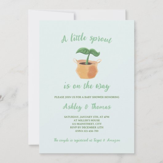 小さな芽を出した園芸植物の赤ちゃんシャワー 招待状 (正面)