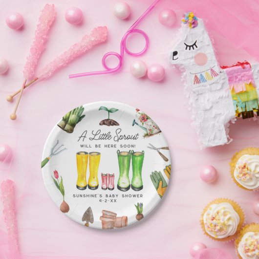 小さな芽ピンクのレインブーツガーデン赤ちゃんシャワー ペーパープレート (パーティー)