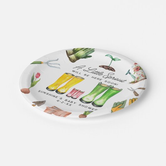 小さな芽ピンクのレインブーツガーデン赤ちゃんシャワー ペーパープレート (アングル)