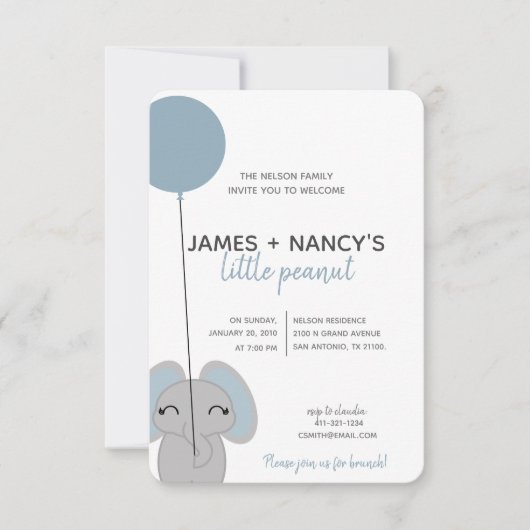 小さな落花生のベビーシャワーブルーゾウ 招待状 (正面)