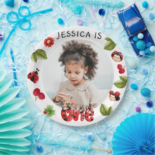 小さな虫ピンクのレディーバグ1stバースデーフォト ペーパープレート (パーティー)