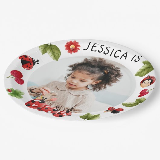 小さな虫ピンクのレディーバグ1stバースデーフォト ペーパープレート (アングル)