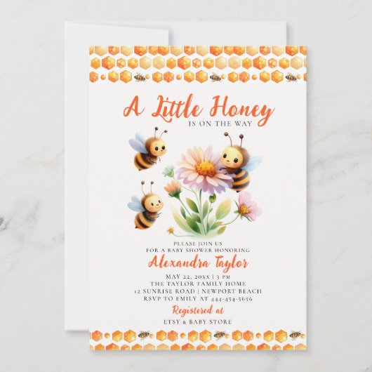 小さな蜂蜜かわいいハチ野生の花の赤ちゃん女の子シャワー 招待状 (正面)