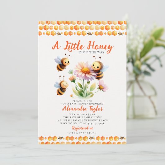 小さな蜂蜜かわいいハチ野生の花の赤ちゃん女の子シャワー 招待状 (スタンド正面)