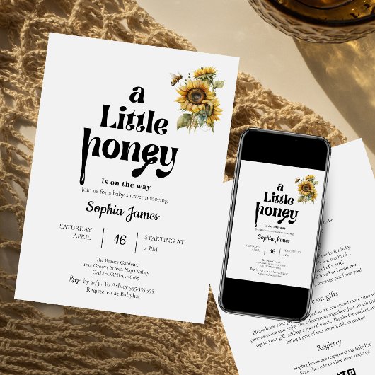 小さな蜂蜜の赤ん坊シャワー水色ひまわり 招待状